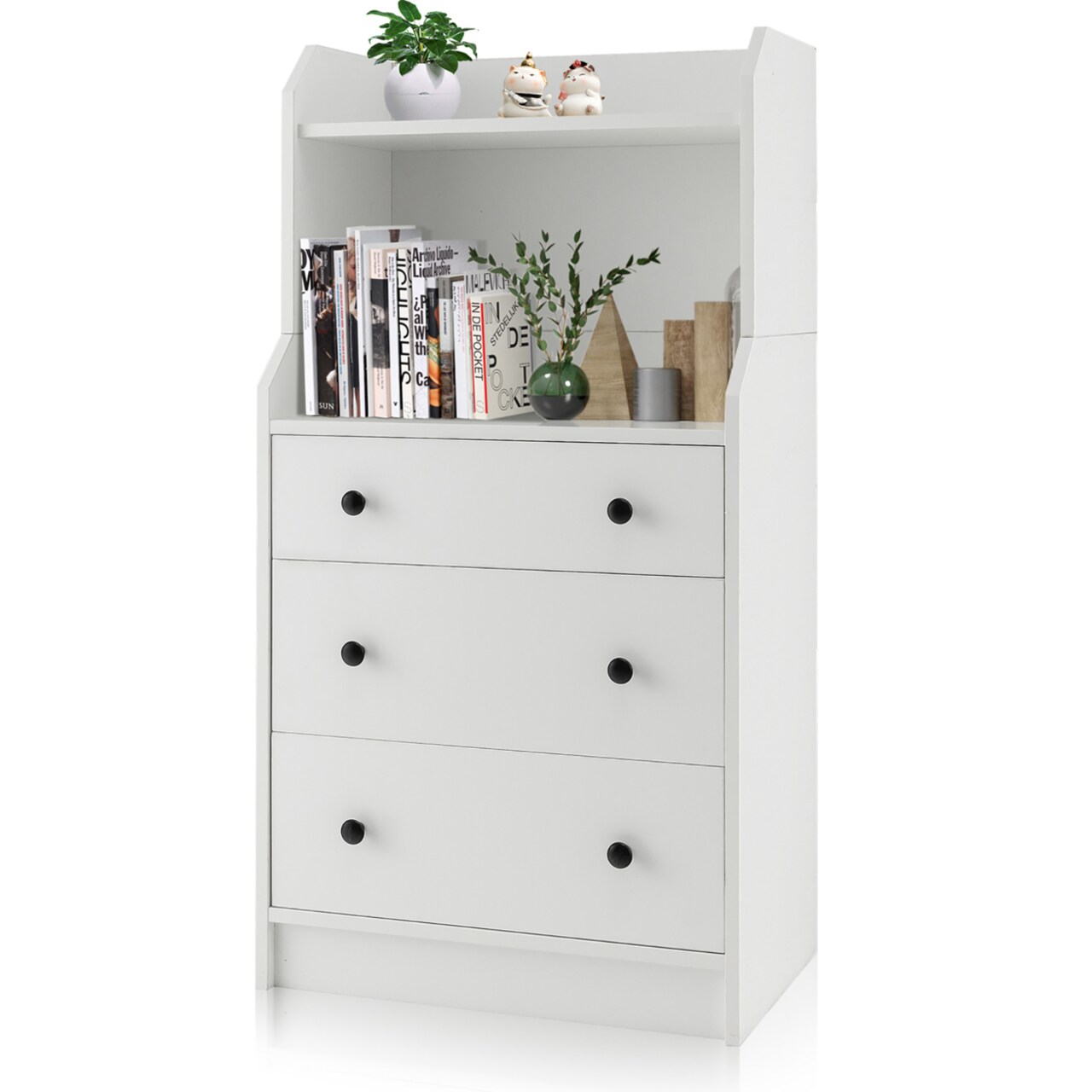 3-Drawer Dresser 44 Tall Wood Storage Organizer Chest W/ 2 Open Shelves White